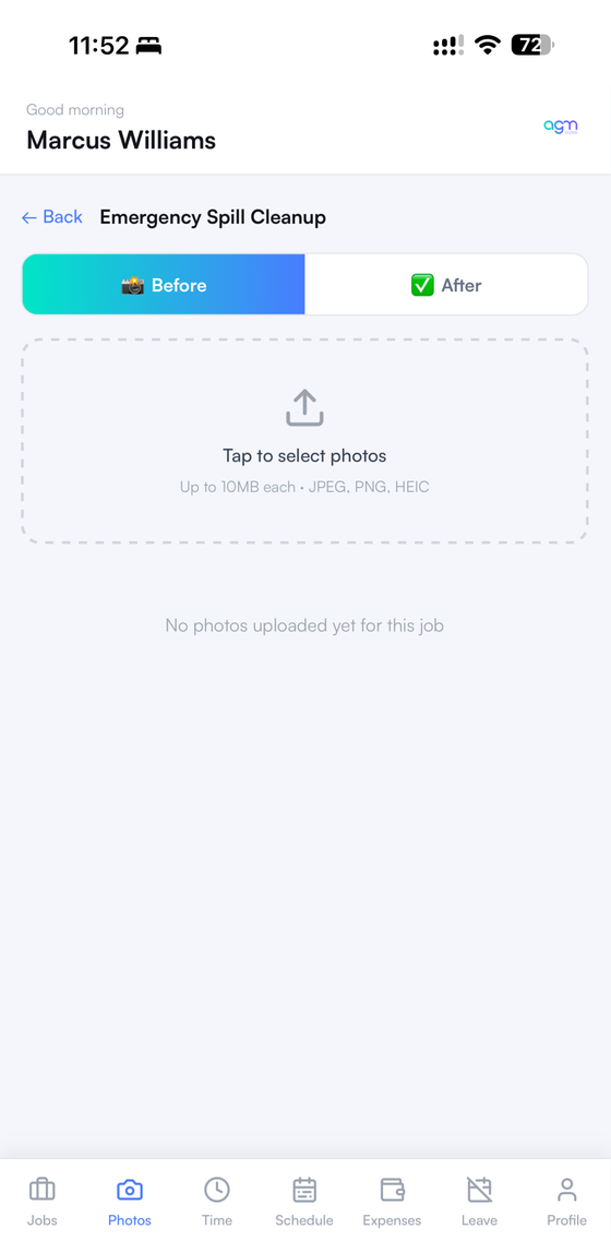 AGM Cloud worker app before and after photo proof screen